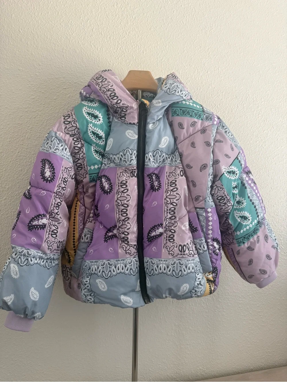 Zara Kids Bandana Patchwork Puffer Jacket - Purple, Teal & Light Blue